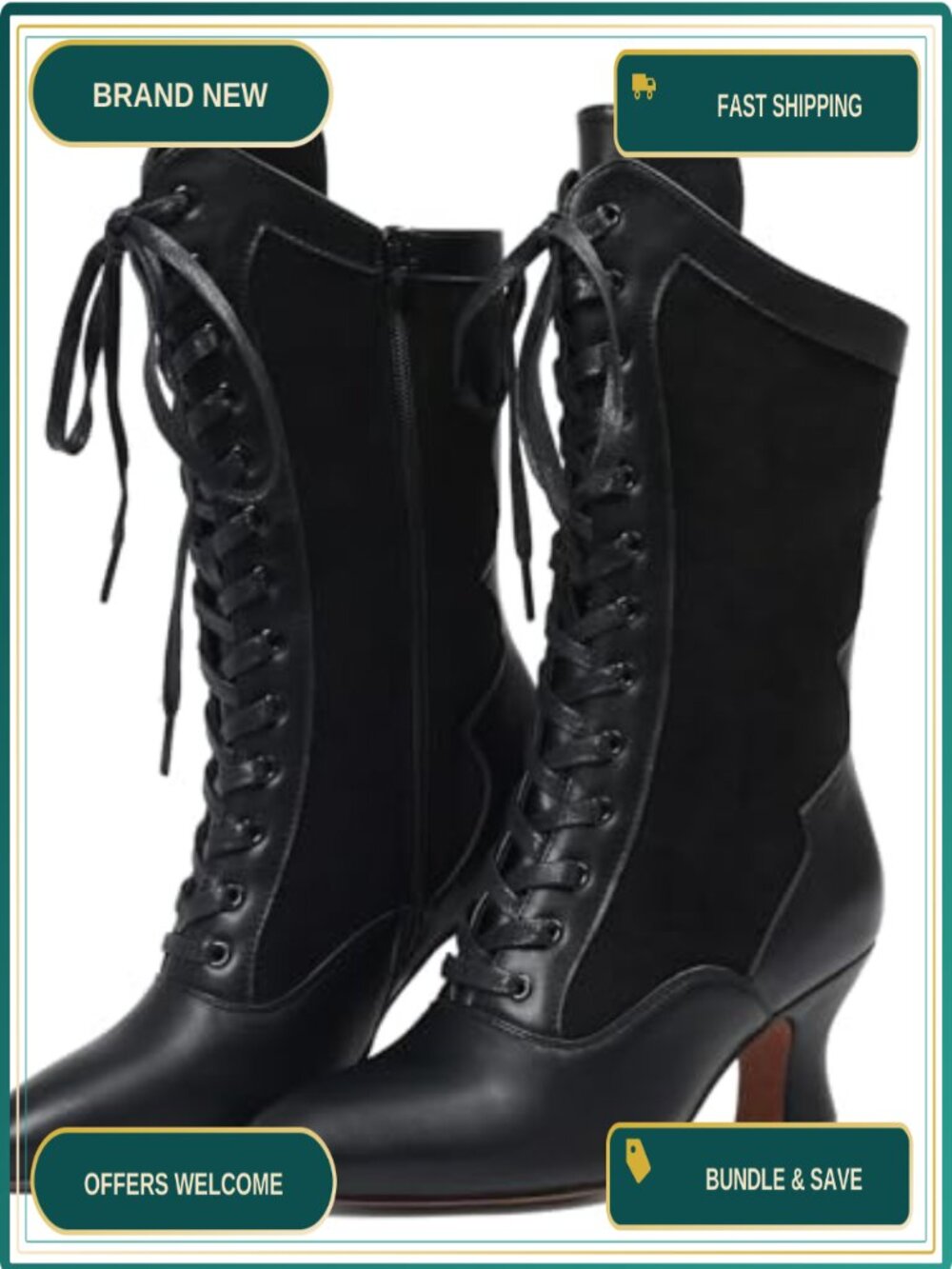 Womens Victorian Lace Up Mid Calf Boots PU Leather Suede Cosplay Costume Boot